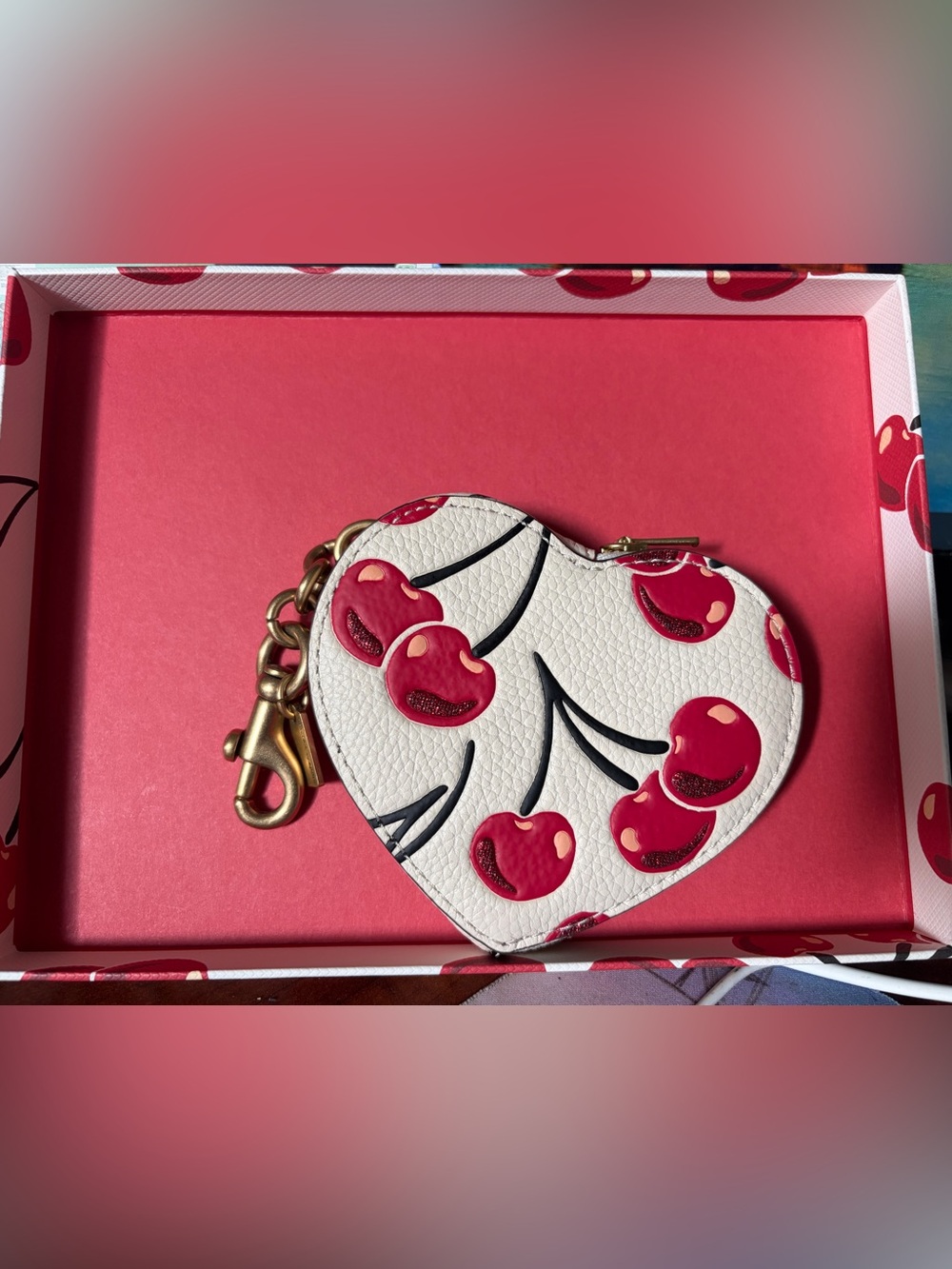 Coach Heart Key & Card Holder - White with Red Cherries